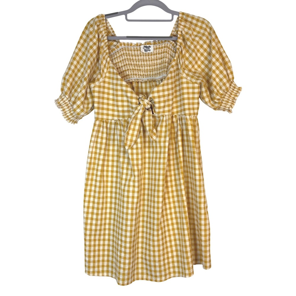 Made with Love‎ Mini Dress Womens L Yellow Gingham Babydoll Puff Sleeve Cottage